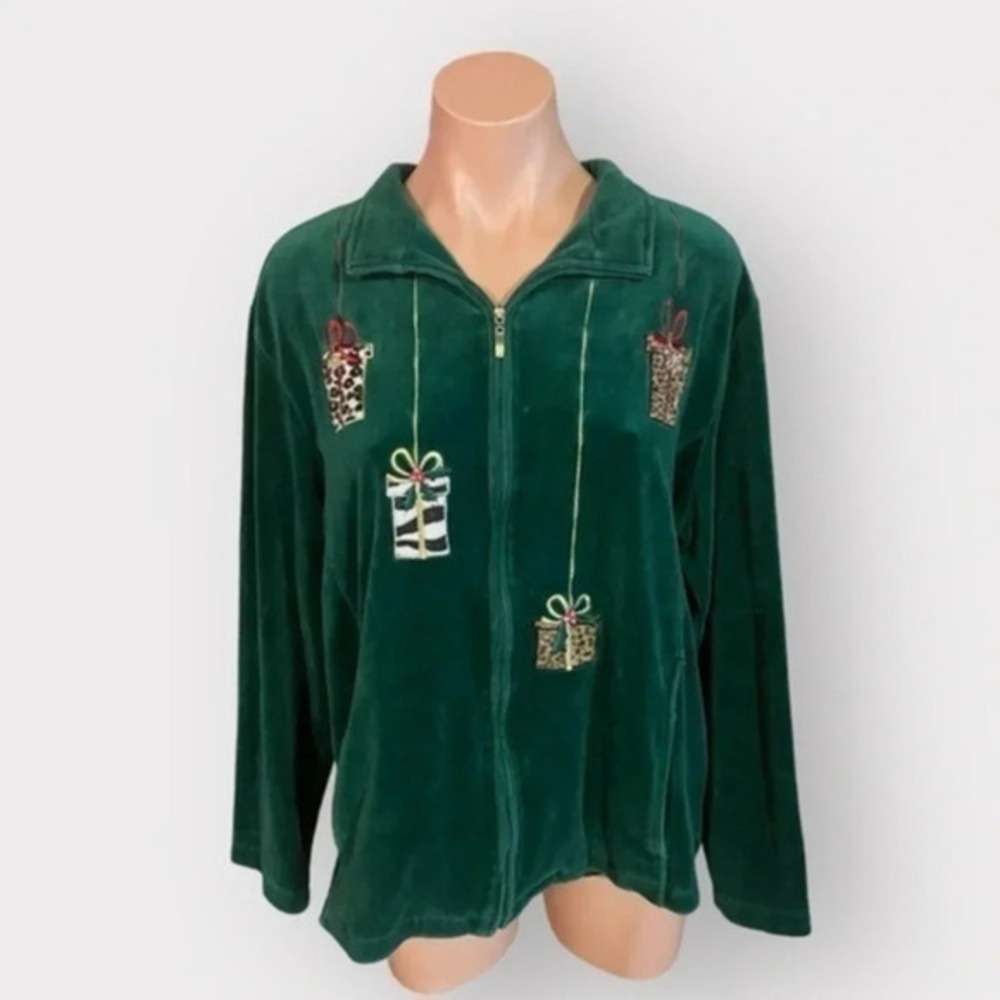 Merry And Bright Green XL Leopard Velour Ugly Christmas Track Suit Jacket